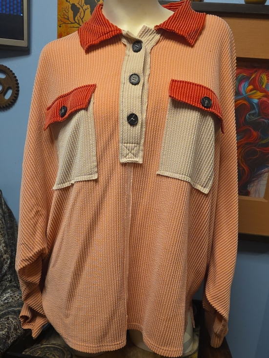 Palm & Sage Sweaters - Peach & Cream Button-Front V-Neck Sweater with Rust Trim